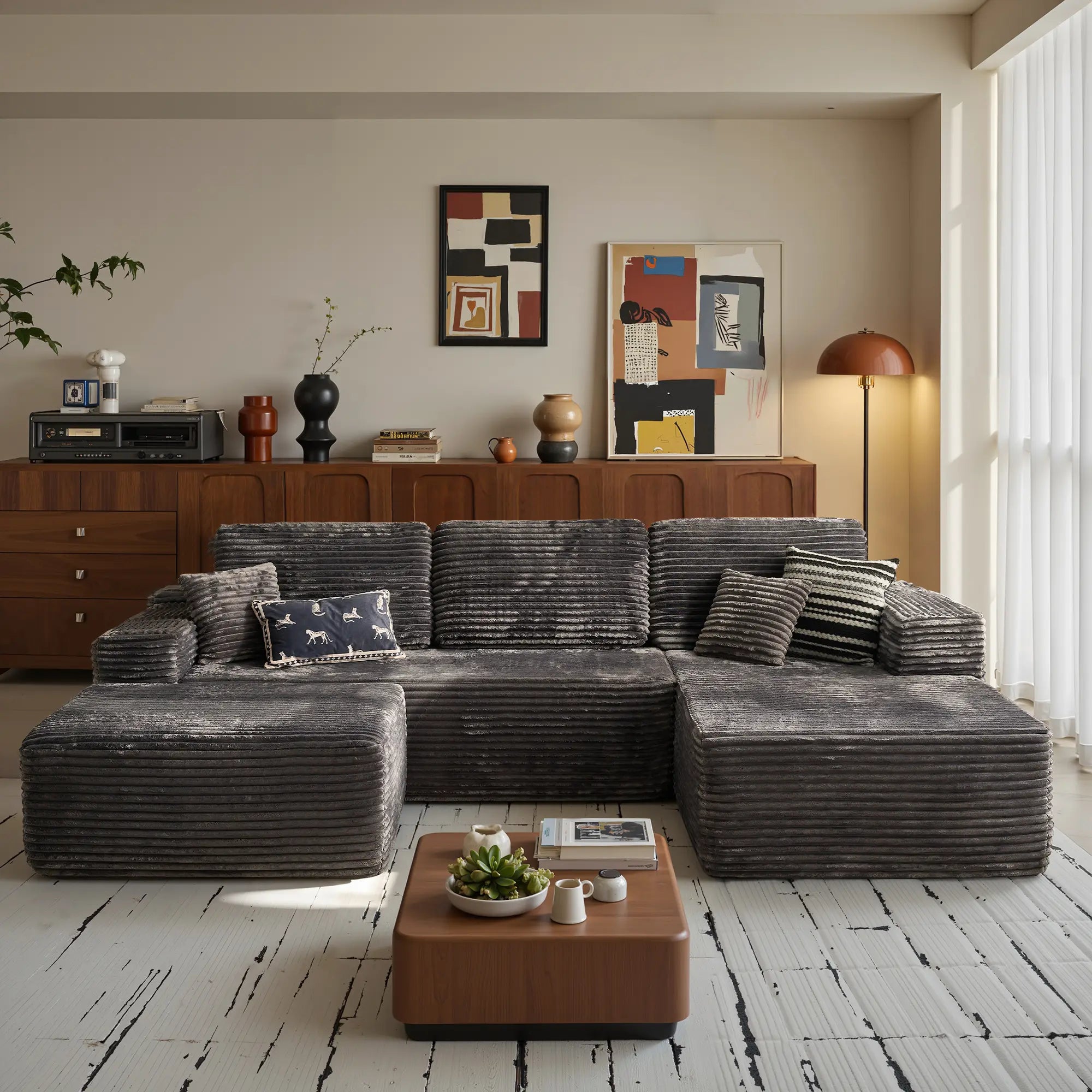 【On Backorder Ships by End of May】Ovios 108" U-Shaped Modern Sofa Modular Sectional Cloud Couch with 2 Ottoman, Comfy Chenille Deep Seat Sofa Bed with 5 Pillows for Living Room, Bedroom and Apartment, 5-Seater