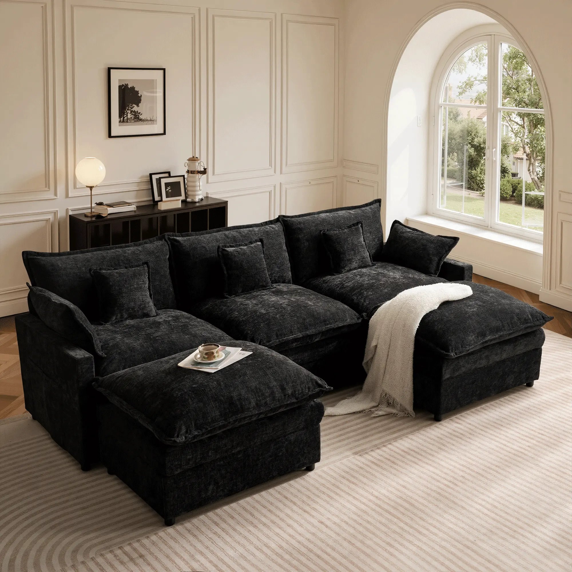 【On Backorder Ships by End of May】Ovios 108" U-Shaped Modern Sofa Modular Sectional Cloud Couch with 2 Ottoman, Comfy Chenille Deep Seat Sofa Bed with 5 Pillows for Living Room, Bedroom and Apartment, 5-Seater