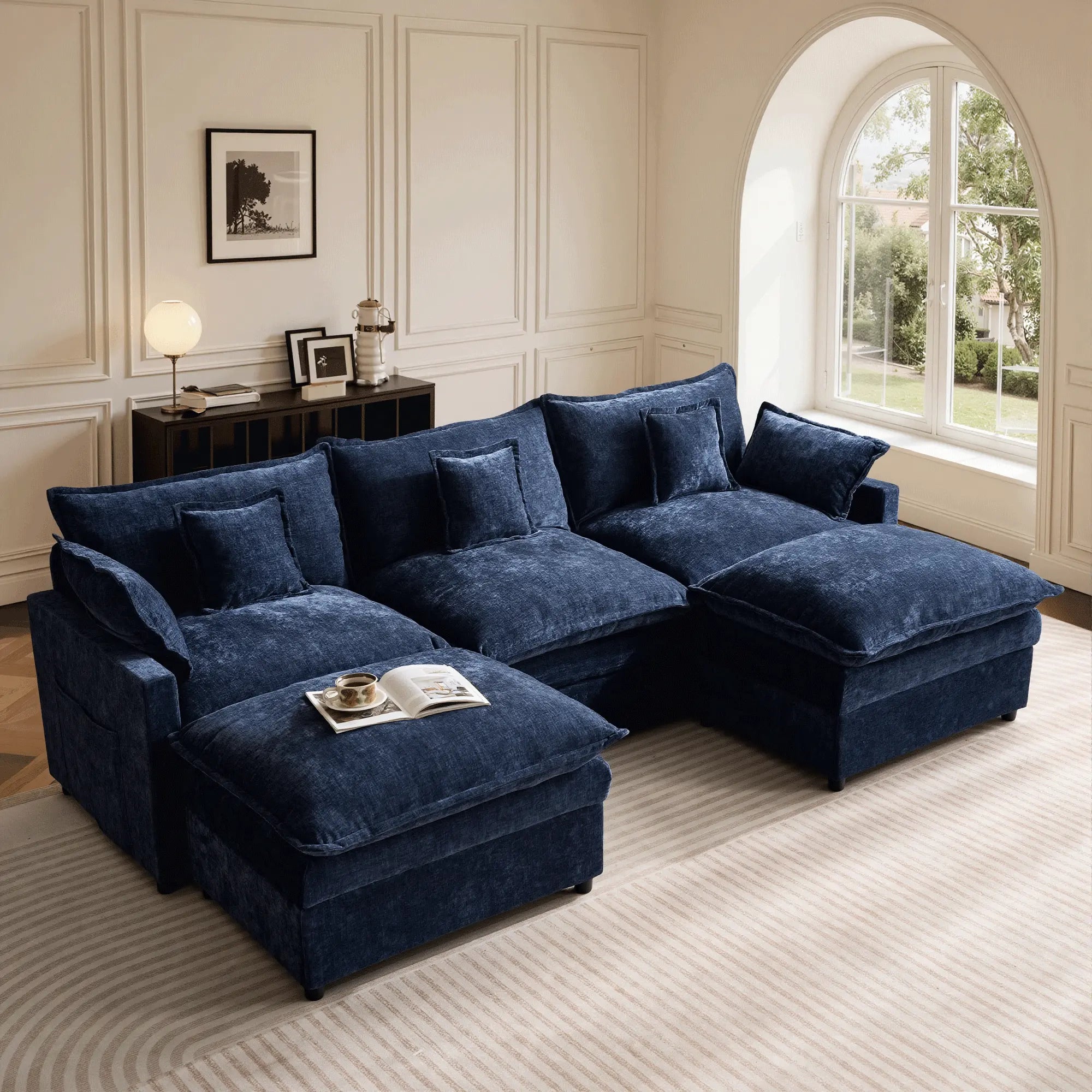 【On Backorder Ships by End of May】Ovios 108" U-Shaped Modern Sofa Modular Sectional Cloud Couch with 2 Ottoman, Comfy Chenille Deep Seat Sofa Bed with 5 Pillows for Living Room, Bedroom and Apartment, 5-Seater