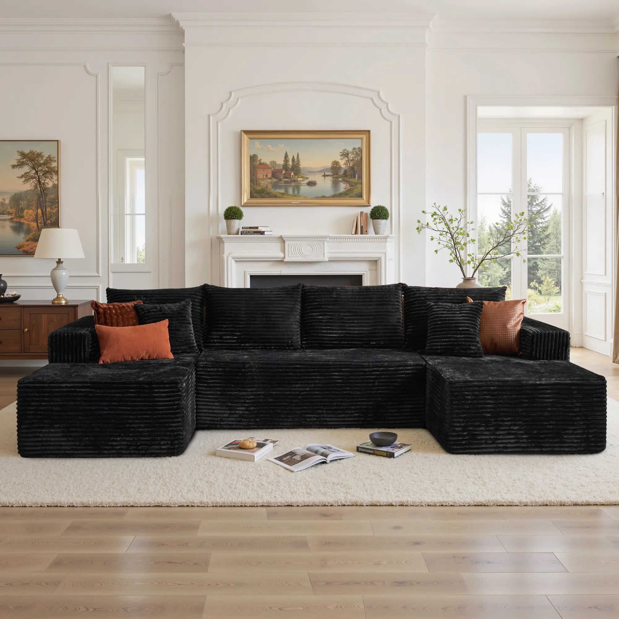 【On Backorder Ships by End of May】Ovios 108" U-Shaped Modern Sofa Modular Sectional Cloud Couch with 2 Ottoman, Comfy Chenille Deep Seat Sofa Bed with 5 Pillows for Living Room, Bedroom and Apartment, 5-Seater