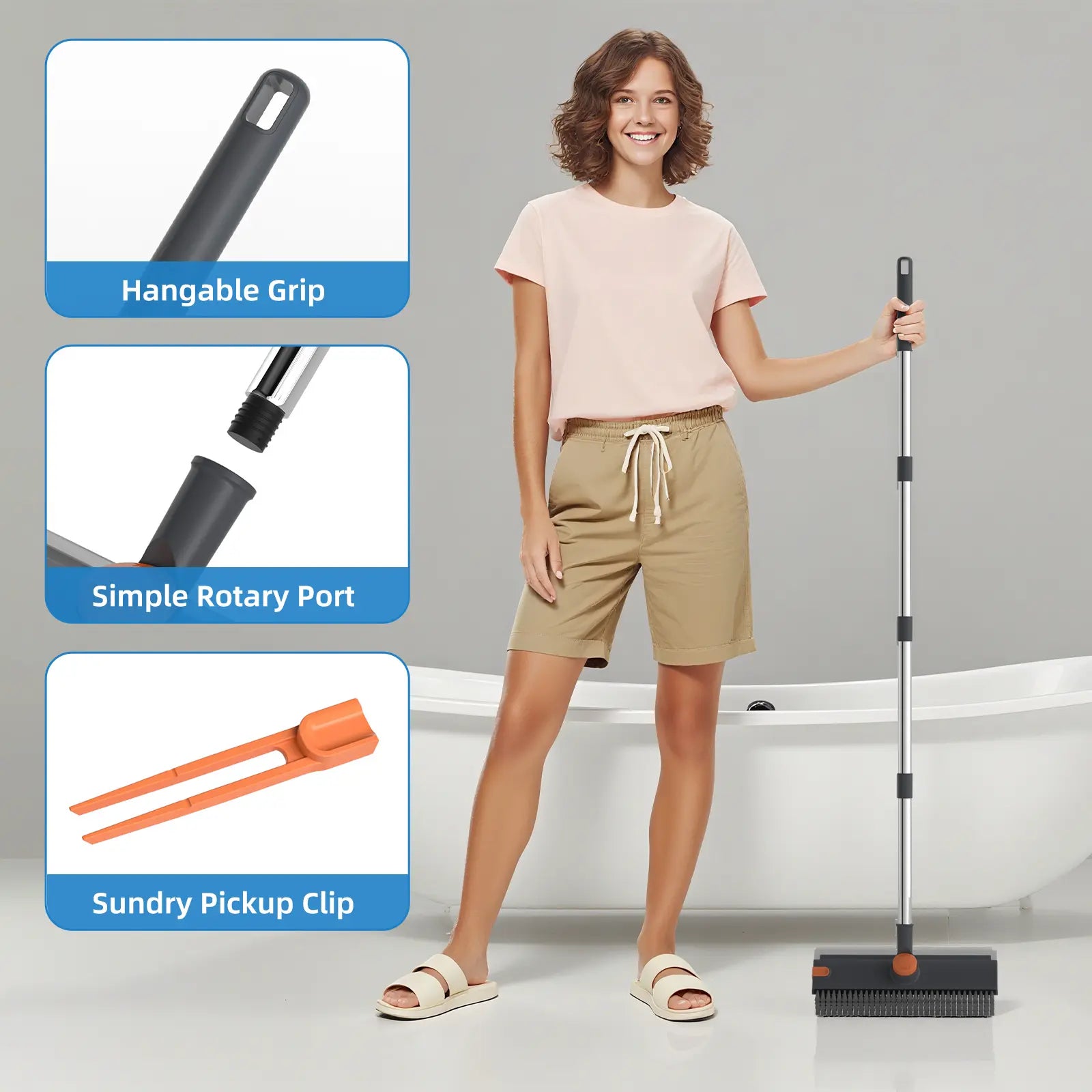 GLUMZRK 3-In-1 Floor Scrub Brush with Long Handle, Adjustable Silicone Squeegee & Stiff Bristle, 360° Rotating Head for Deep Cleaning, Versatile for Shower, Bathroom, Patio, Garage, Kitchen, Wall, Deck