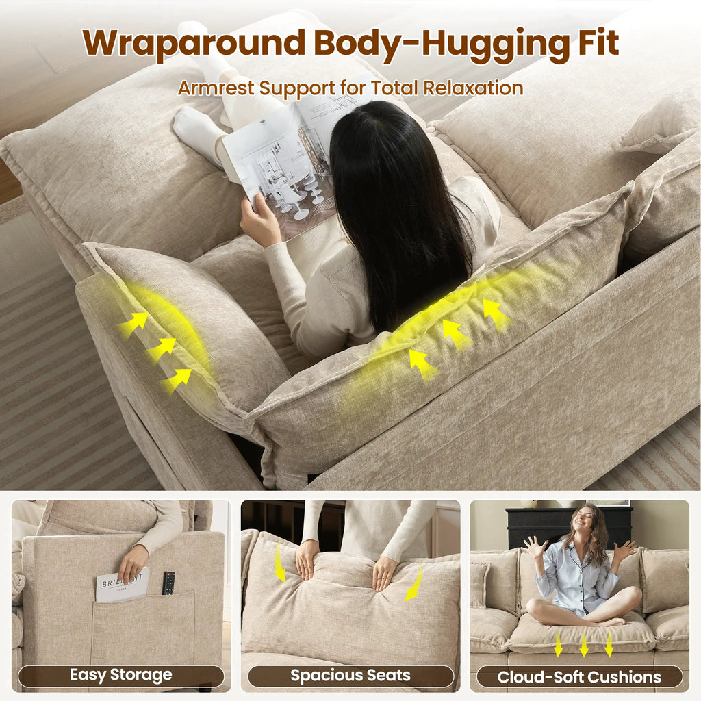 【On Backorder Ships by End of May】Ovios 108" U-Shaped Modern Sofa Modular Sectional Cloud Couch with 2 Ottoman, Comfy Chenille Deep Seat Sofa Bed with 5 Pillows for Living Room, Bedroom and Apartment, 5-Seater