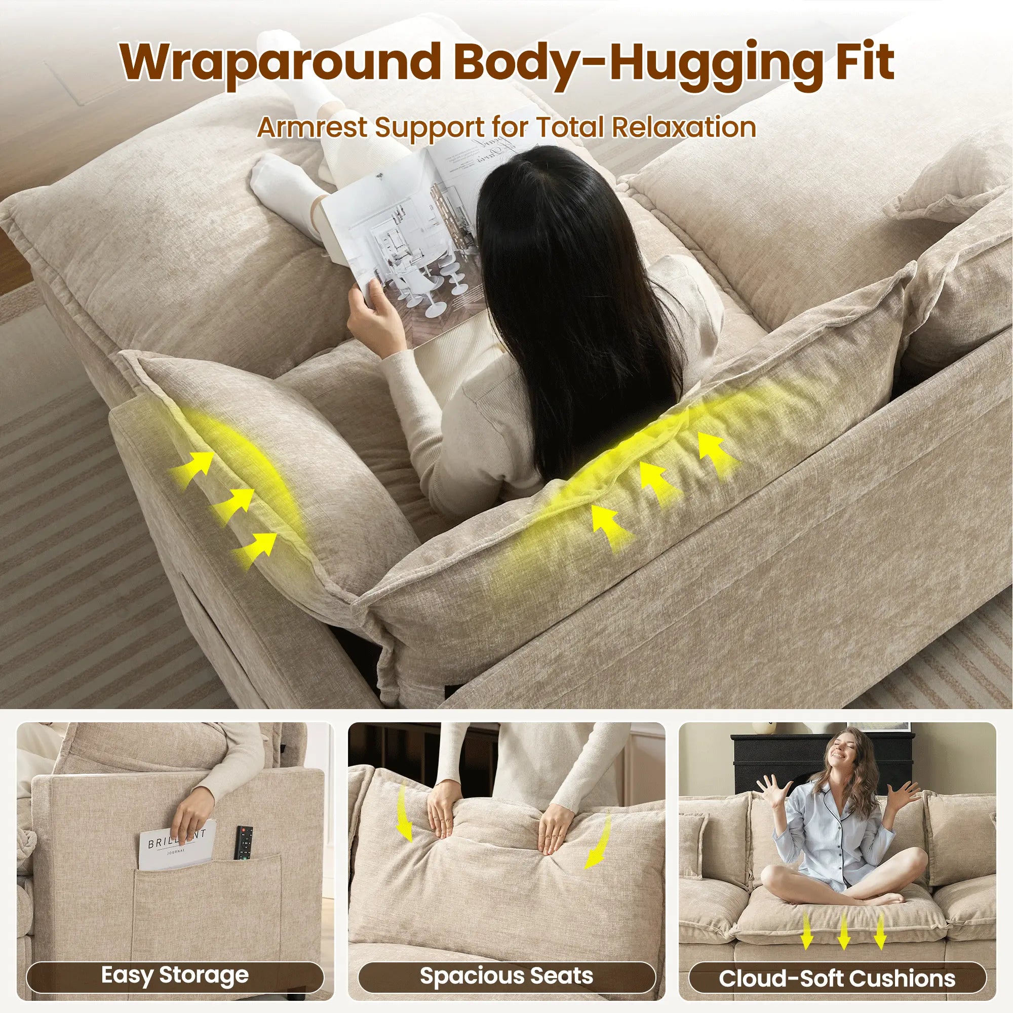 【On Backorder Ships by End of May】Ovios 108" U-Shaped Modern Sofa Modular Sectional Cloud Couch with 2 Ottoman, Comfy Chenille Deep Seat Sofa Bed with 5 Pillows for Living Room, Bedroom and Apartment, 5-Seater