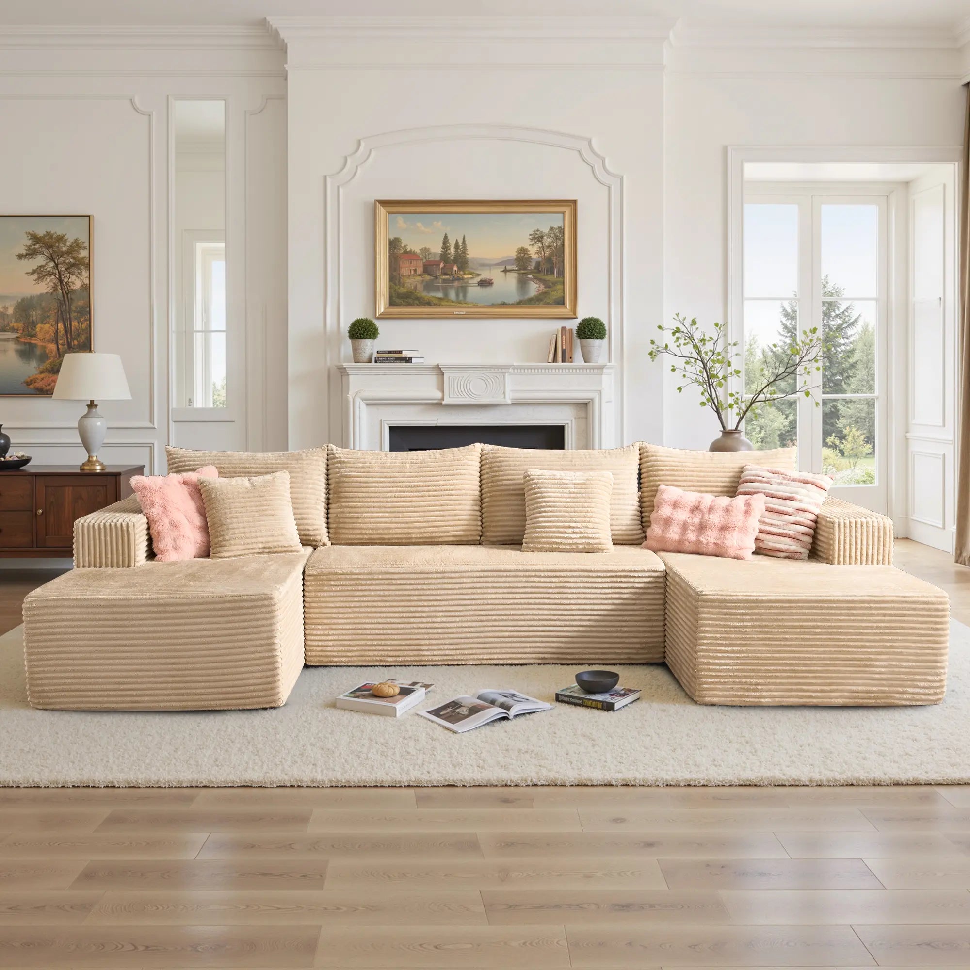 【On Backorder Ships by End of May】Ovios 108" U-Shaped Modern Sofa Modular Sectional Cloud Couch with 2 Ottoman, Comfy Chenille Deep Seat Sofa Bed with 5 Pillows for Living Room, Bedroom and Apartment, 5-Seater