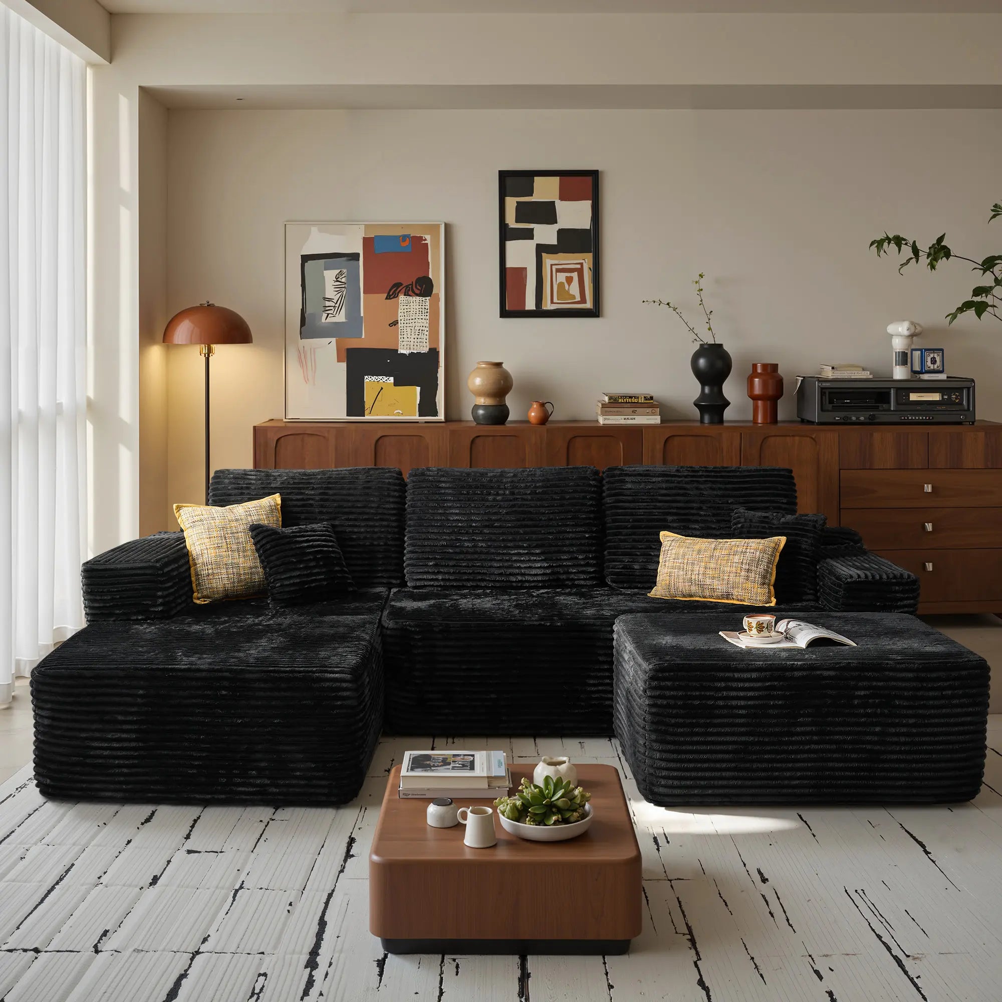 【On Backorder Ships by End of May】Ovios 108" U-Shaped Modern Sofa Modular Sectional Cloud Couch with 2 Ottoman, Comfy Chenille Deep Seat Sofa Bed with 5 Pillows for Living Room, Bedroom and Apartment, 5-Seater