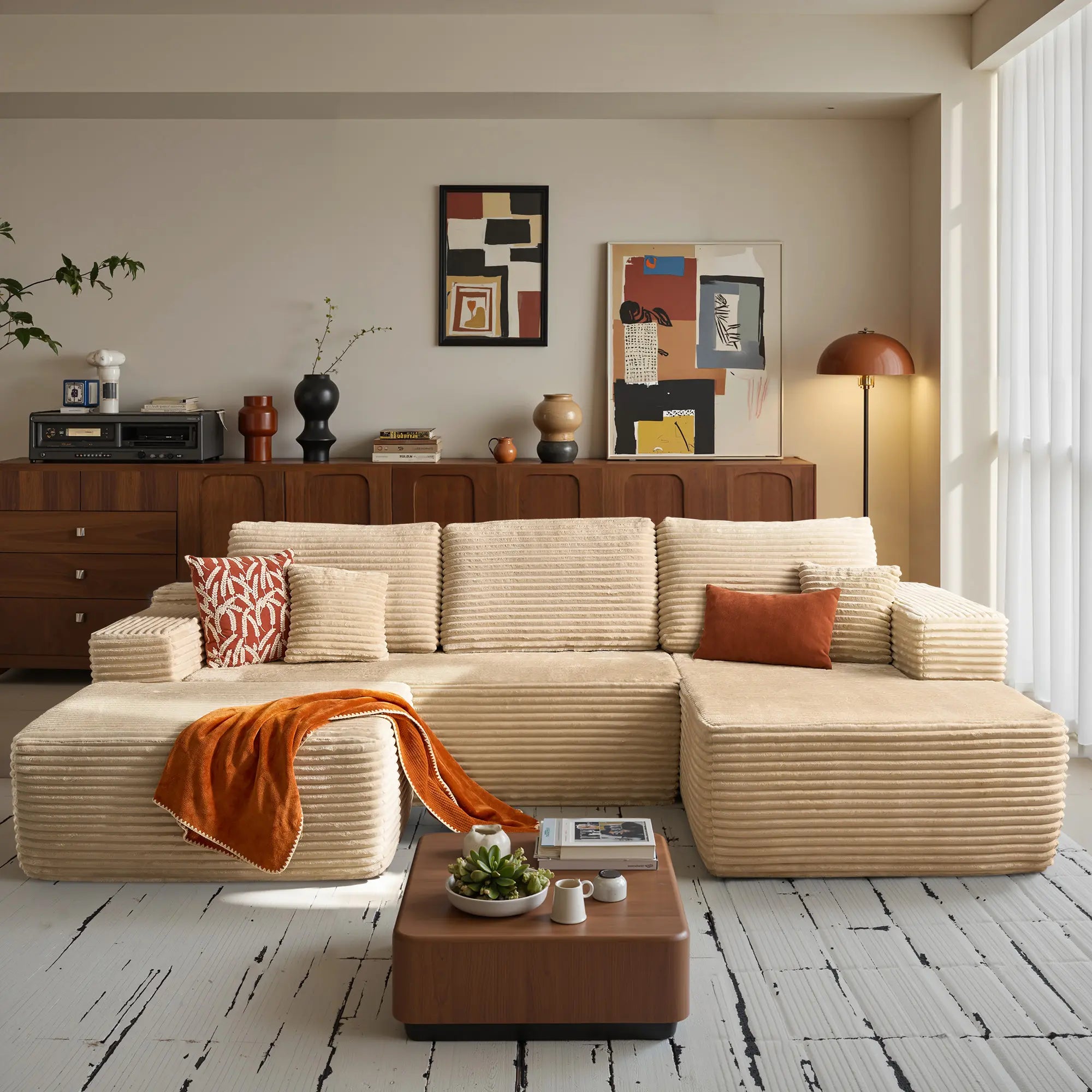 【On Backorder Ships by End of May】Ovios 108" U-Shaped Modern Sofa Modular Sectional Cloud Couch with 2 Ottoman, Comfy Chenille Deep Seat Sofa Bed with 5 Pillows for Living Room, Bedroom and Apartment, 5-Seater