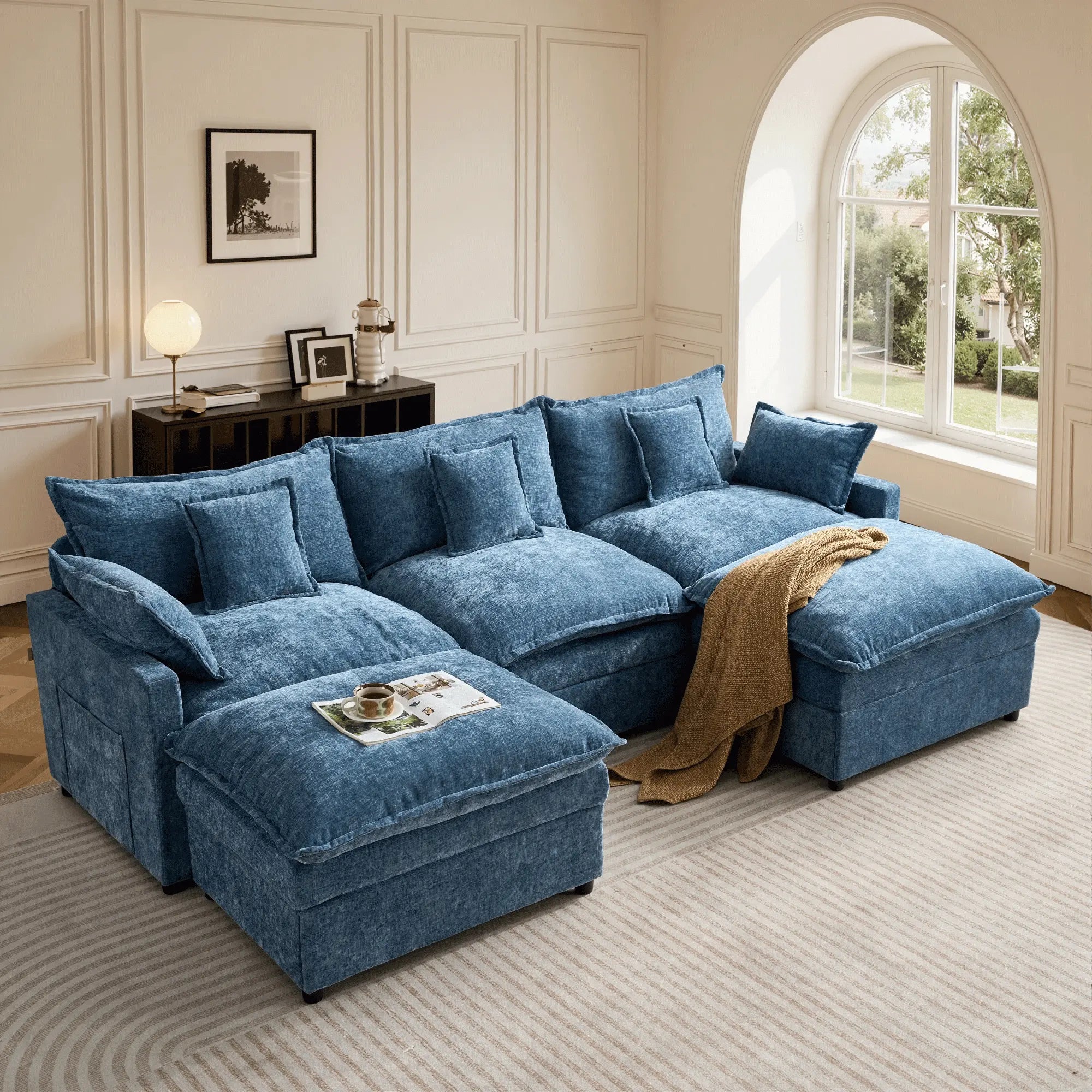 【On Backorder Ships by End of May】Ovios 108" U-Shaped Modern Sofa Modular Sectional Cloud Couch with 2 Ottoman, Comfy Chenille Deep Seat Sofa Bed with 5 Pillows for Living Room, Bedroom and Apartment, 5-Seater