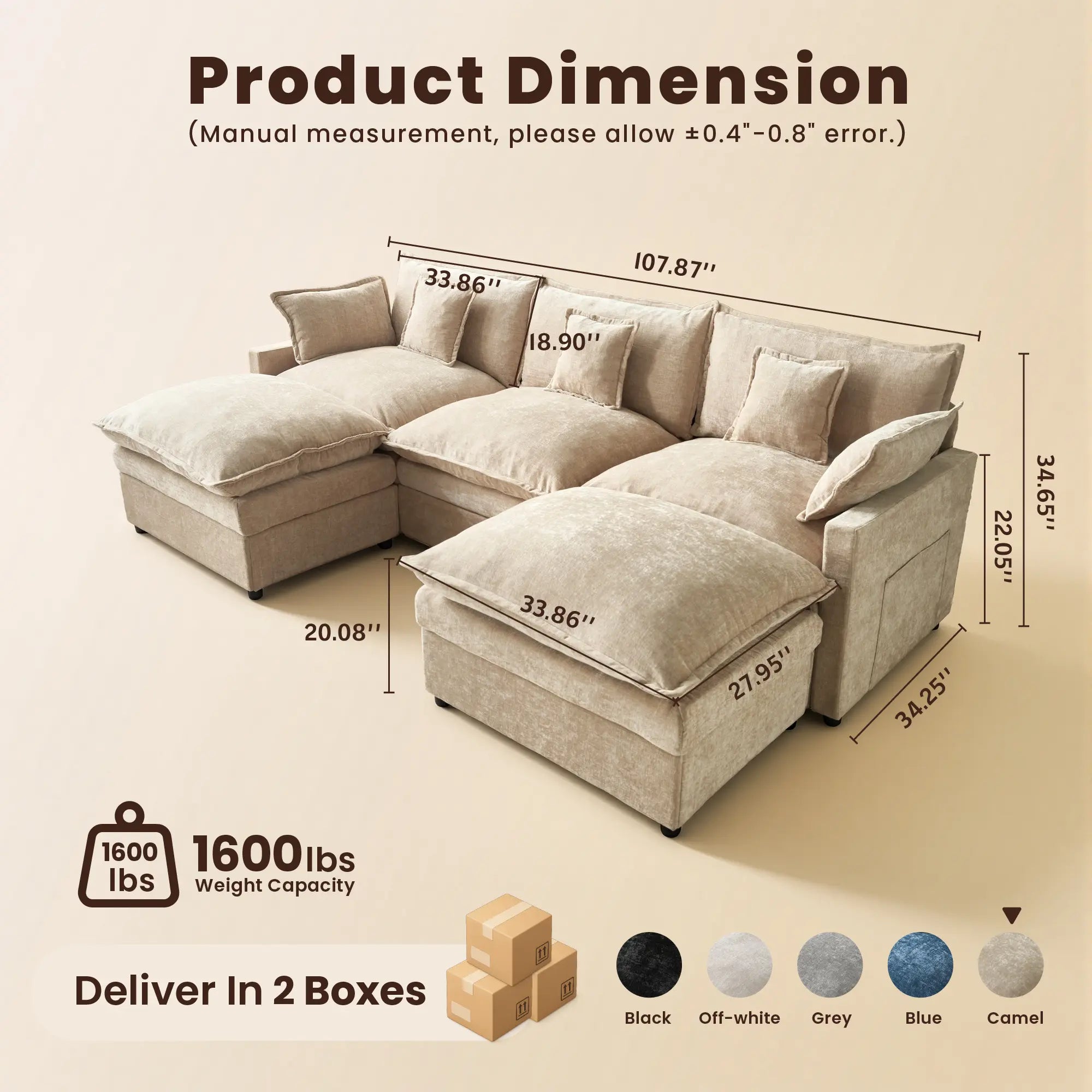 【On Backorder Ships by End of May】Ovios 108" U-Shaped Modern Sofa Modular Sectional Cloud Couch with 2 Ottoman, Comfy Chenille Deep Seat Sofa Bed with 5 Pillows for Living Room, Bedroom and Apartment, 5-Seater