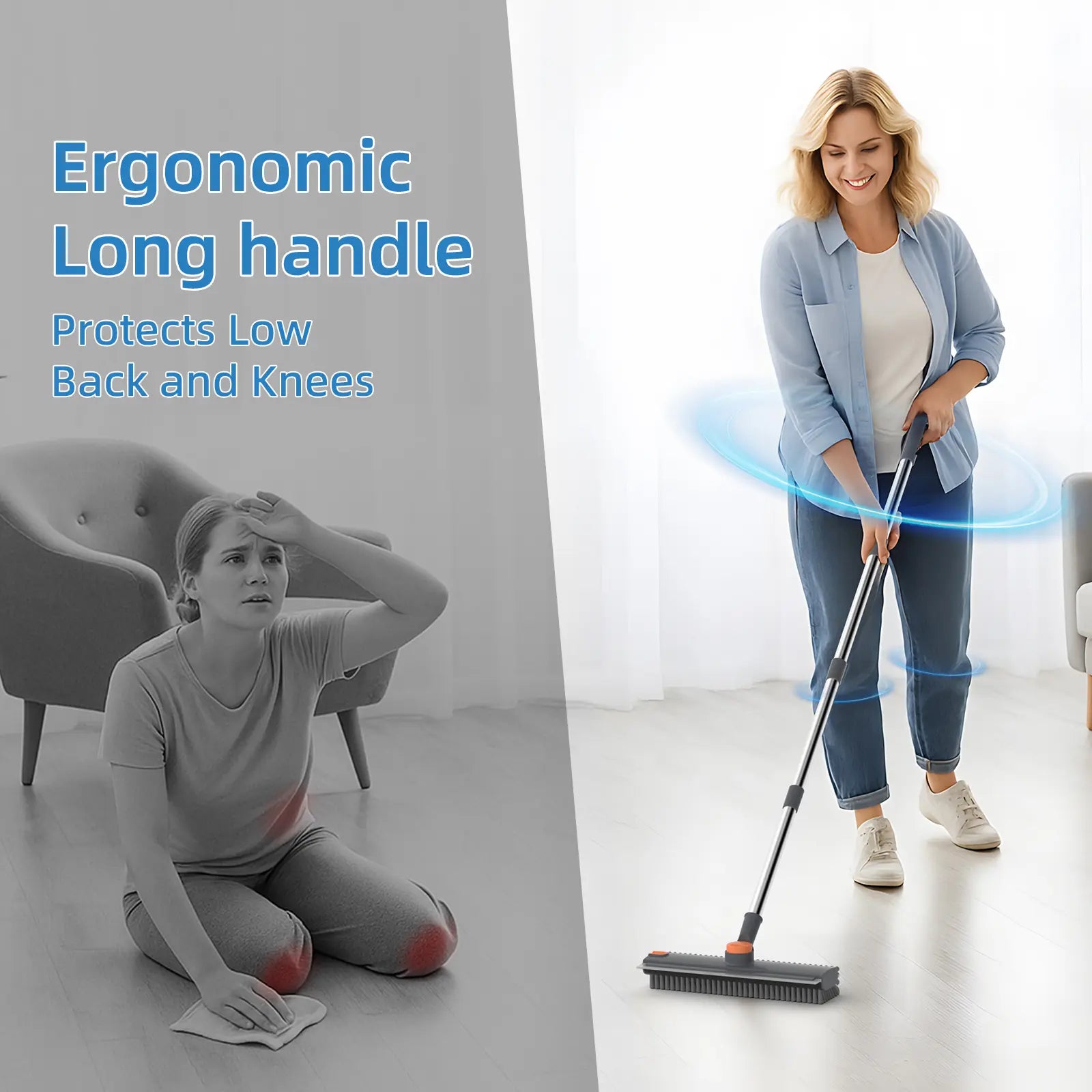 GLUMZRK 3-In-1 Floor Scrub Brush with Long Handle, Adjustable Silicone Squeegee & Stiff Bristle, 360° Rotating Head for Deep Cleaning, Versatile for Shower, Bathroom, Patio, Garage, Kitchen, Wall, Deck