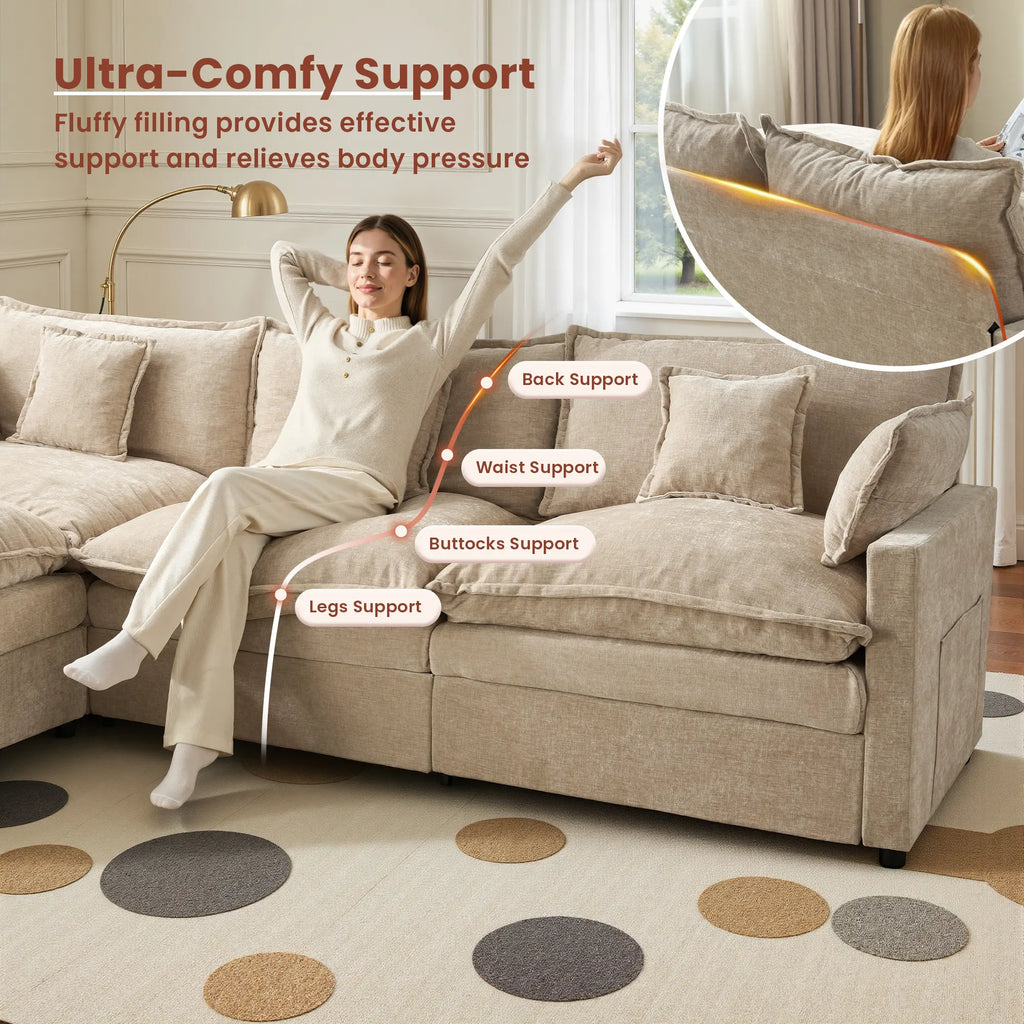 【On Backorder Ships by End of May】Ovios 108" U-Shaped Modern Sofa Modular Sectional Cloud Couch with 2 Ottoman, Comfy Chenille Deep Seat Sofa Bed with 5 Pillows for Living Room, Bedroom and Apartment, 5-Seater
