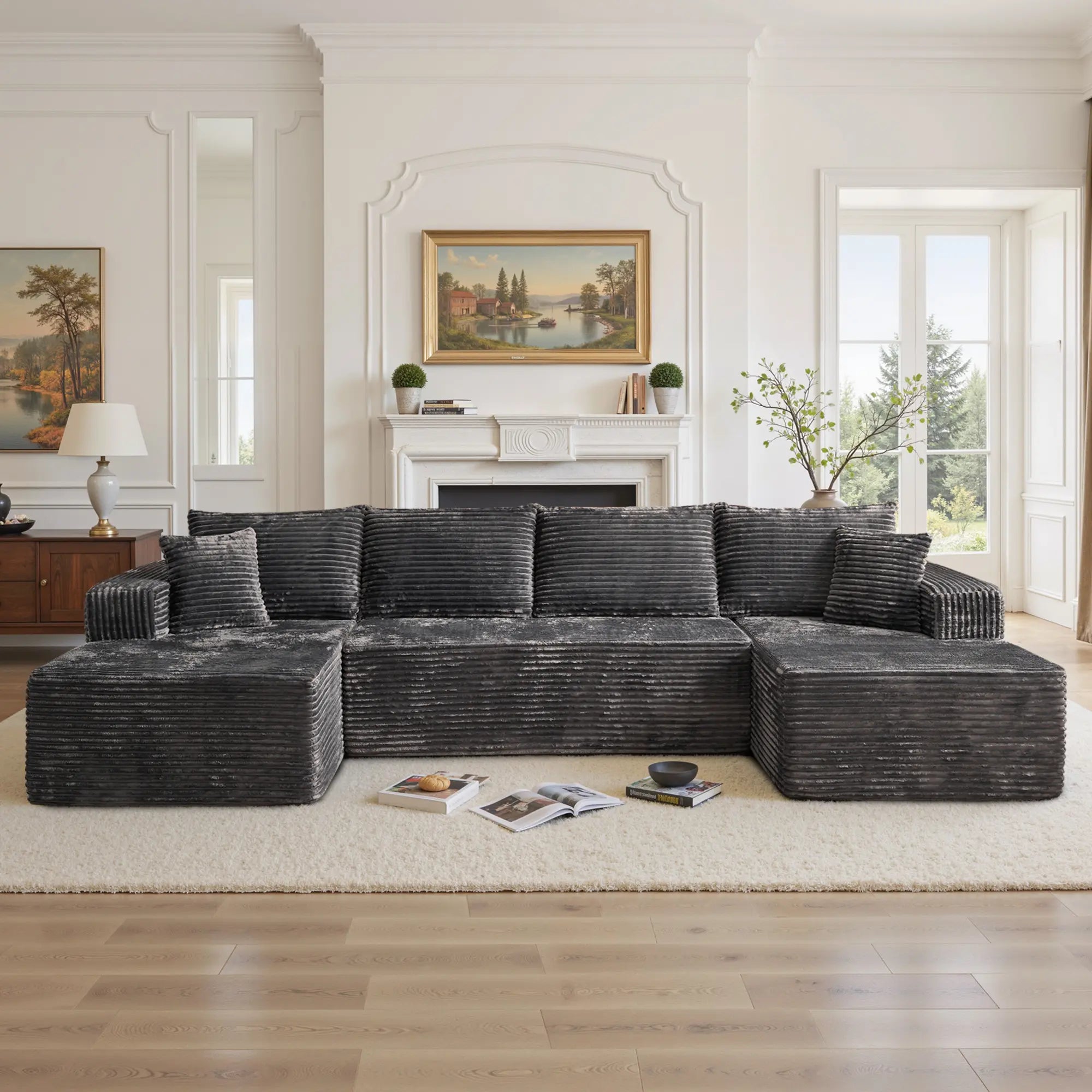 【On Backorder Ships by End of May】Ovios 108" U-Shaped Modern Sofa Modular Sectional Cloud Couch with 2 Ottoman, Comfy Chenille Deep Seat Sofa Bed with 5 Pillows for Living Room, Bedroom and Apartment, 5-Seater