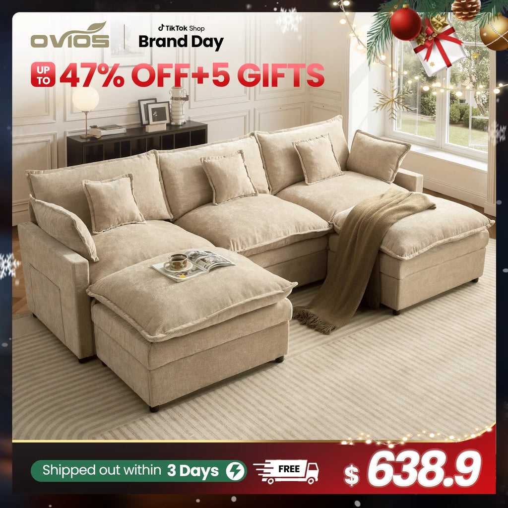 【On Backorder Ships by End of May】Ovios 108" U-Shaped Modern Sofa Modular Sectional Cloud Couch with 2 Ottoman, Comfy Chenille Deep Seat Sofa Bed with 5 Pillows for Living Room, Bedroom and Apartment, 5-Seater