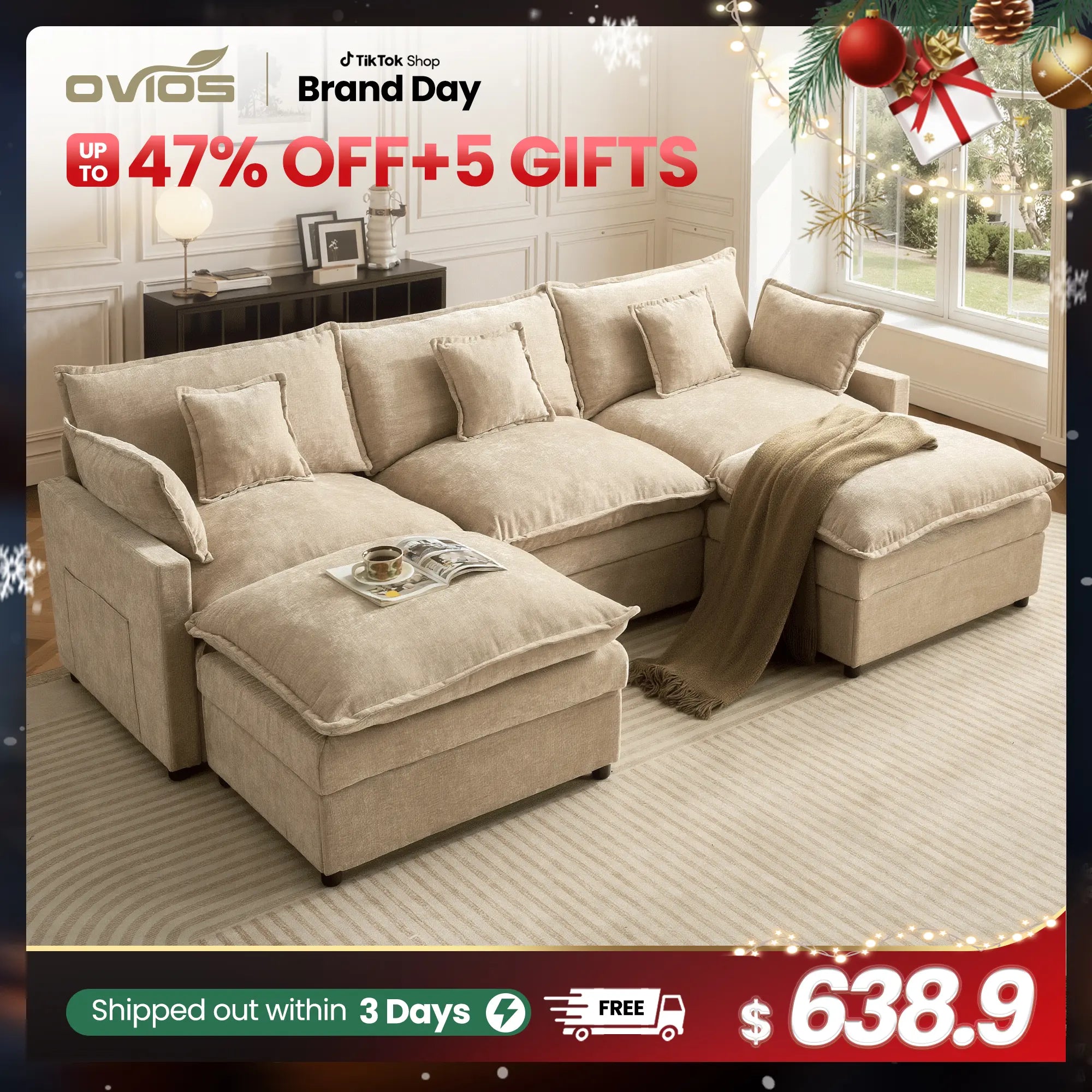 【On Backorder Ships by End of May】Ovios 108" U-Shaped Modern Sofa Modular Sectional Cloud Couch with 2 Ottoman, Comfy Chenille Deep Seat Sofa Bed with 5 Pillows for Living Room, Bedroom and Apartment, 5-Seater