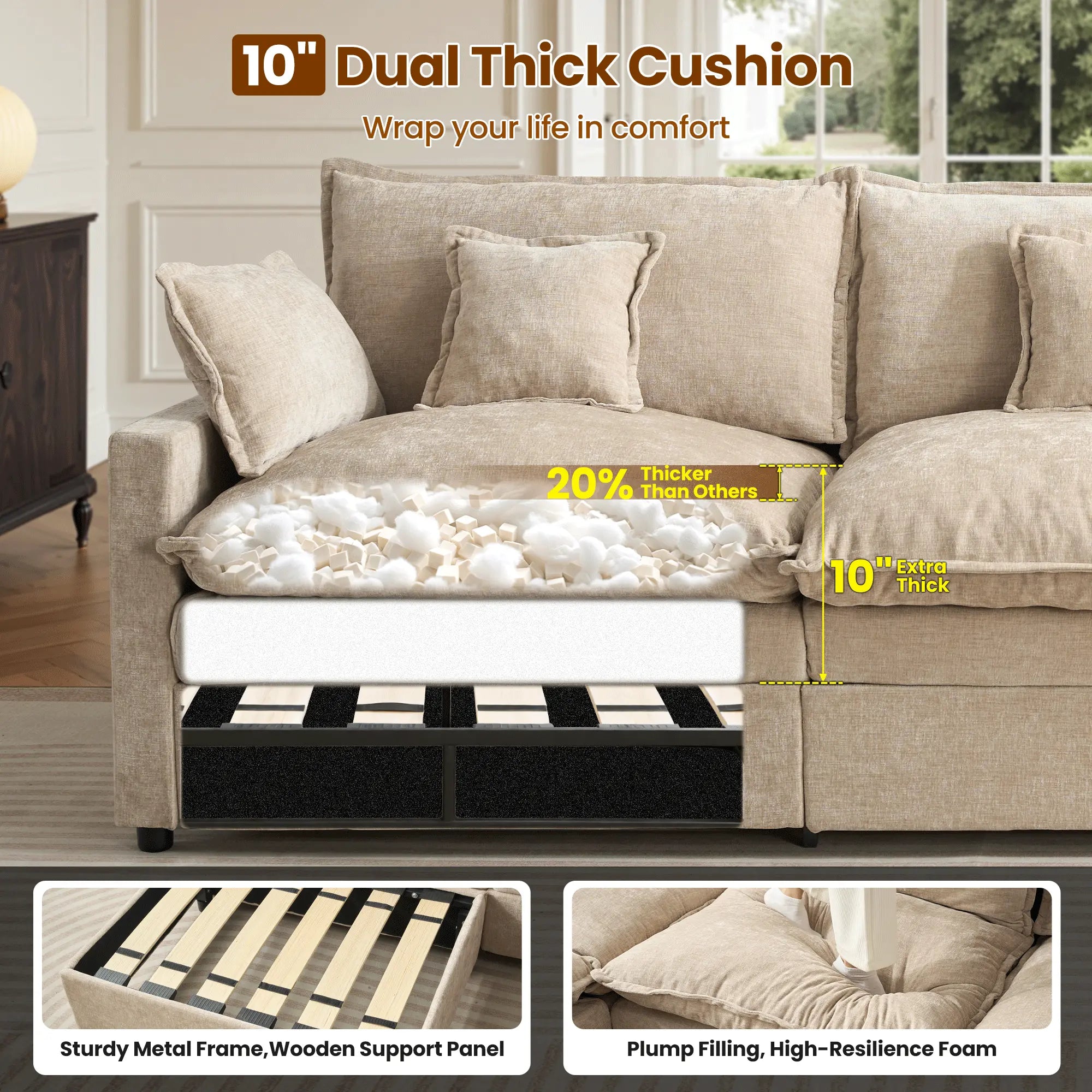 【On Backorder Ships by End of May】Ovios 108" U-Shaped Modern Sofa Modular Sectional Cloud Couch with 2 Ottoman, Comfy Chenille Deep Seat Sofa Bed with 5 Pillows for Living Room, Bedroom and Apartment, 5-Seater