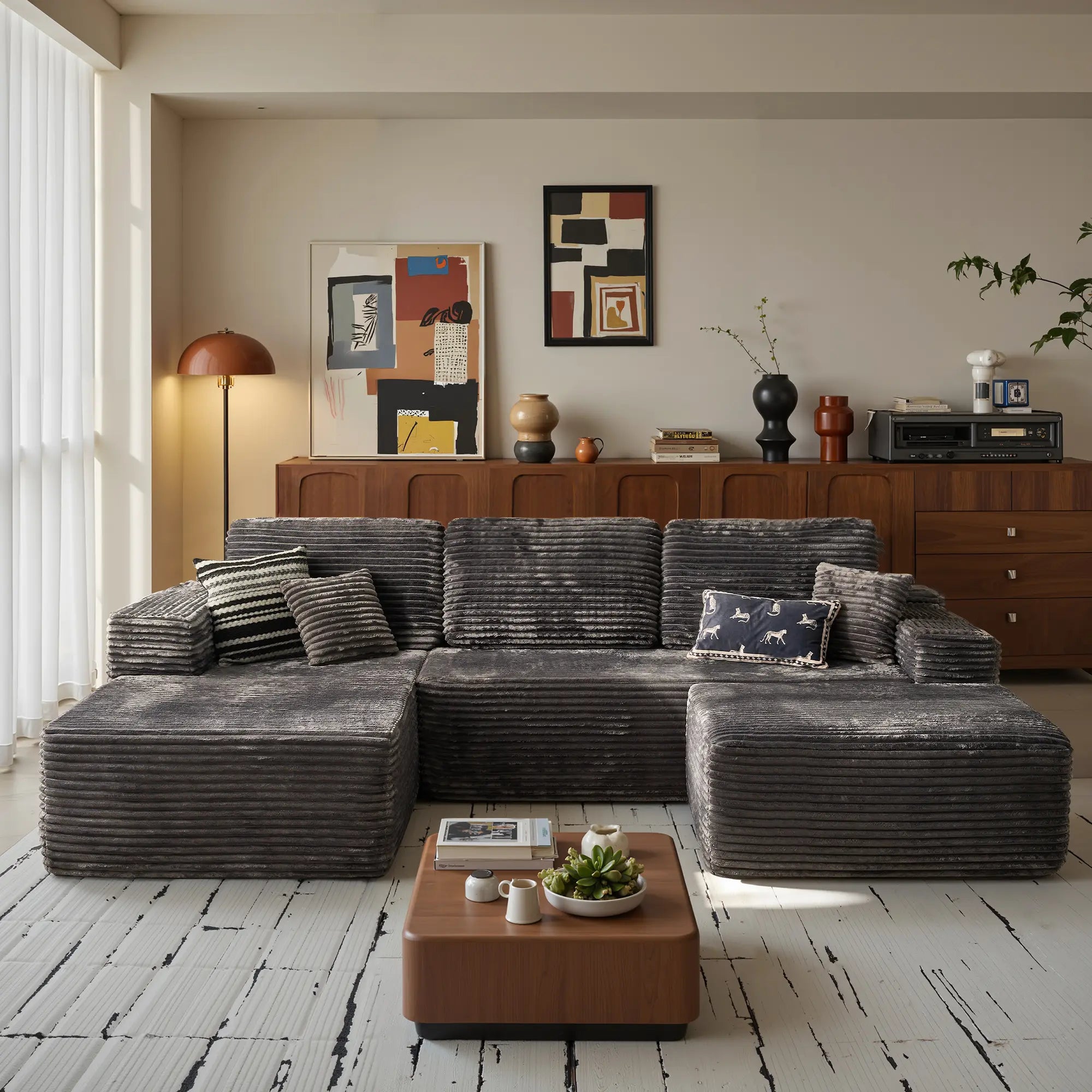 【On Backorder Ships by End of May】Ovios 108" U-Shaped Modern Sofa Modular Sectional Cloud Couch with 2 Ottoman, Comfy Chenille Deep Seat Sofa Bed with 5 Pillows for Living Room, Bedroom and Apartment, 5-Seater