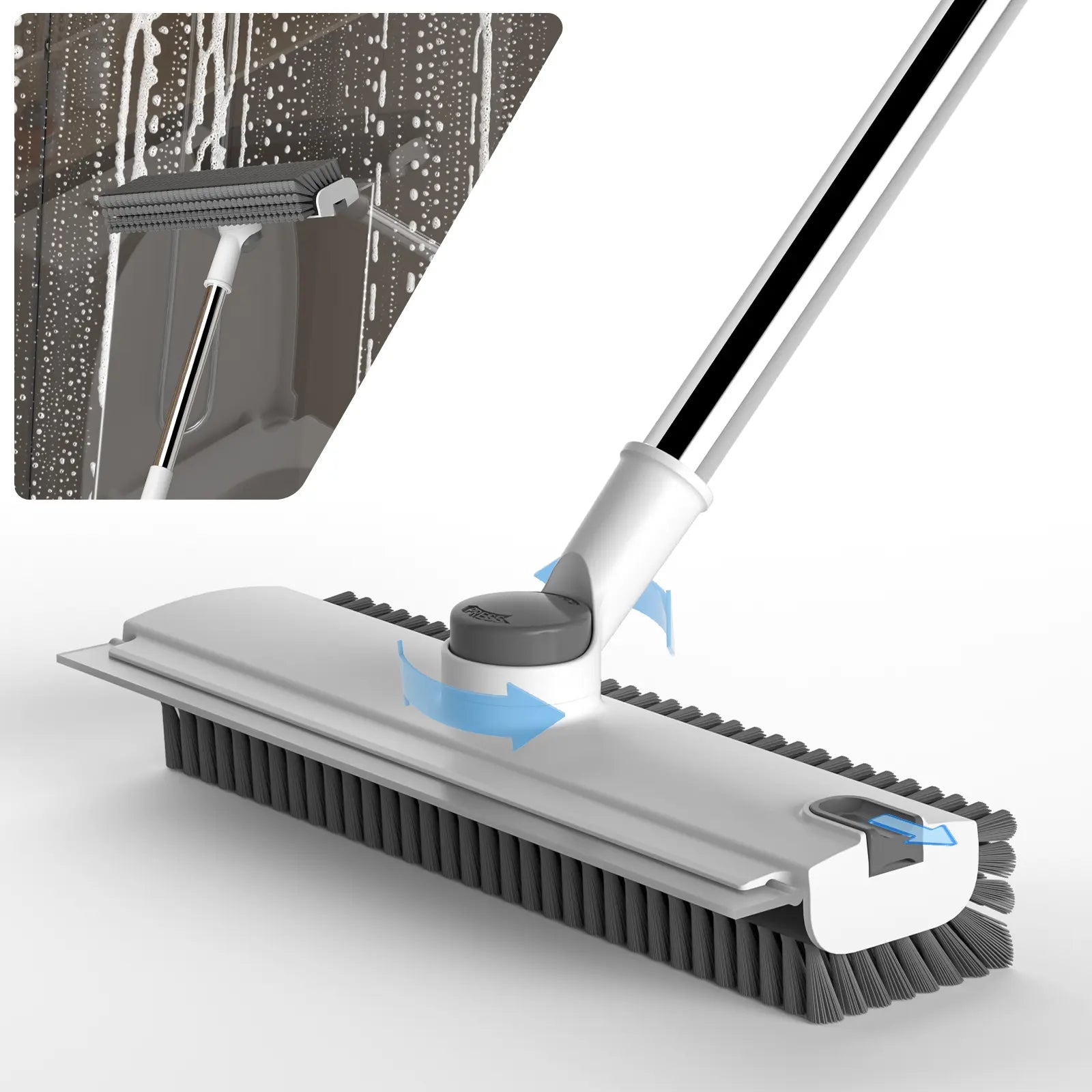 GLUMZRK 3-In-1 Floor Scrub Brush with Long Handle, Adjustable Silicone Squeegee & Stiff Bristle, 360° Rotating Head for Deep Cleaning, Versatile for Shower, Bathroom, Patio, Garage, Kitchen, Wall, Deck