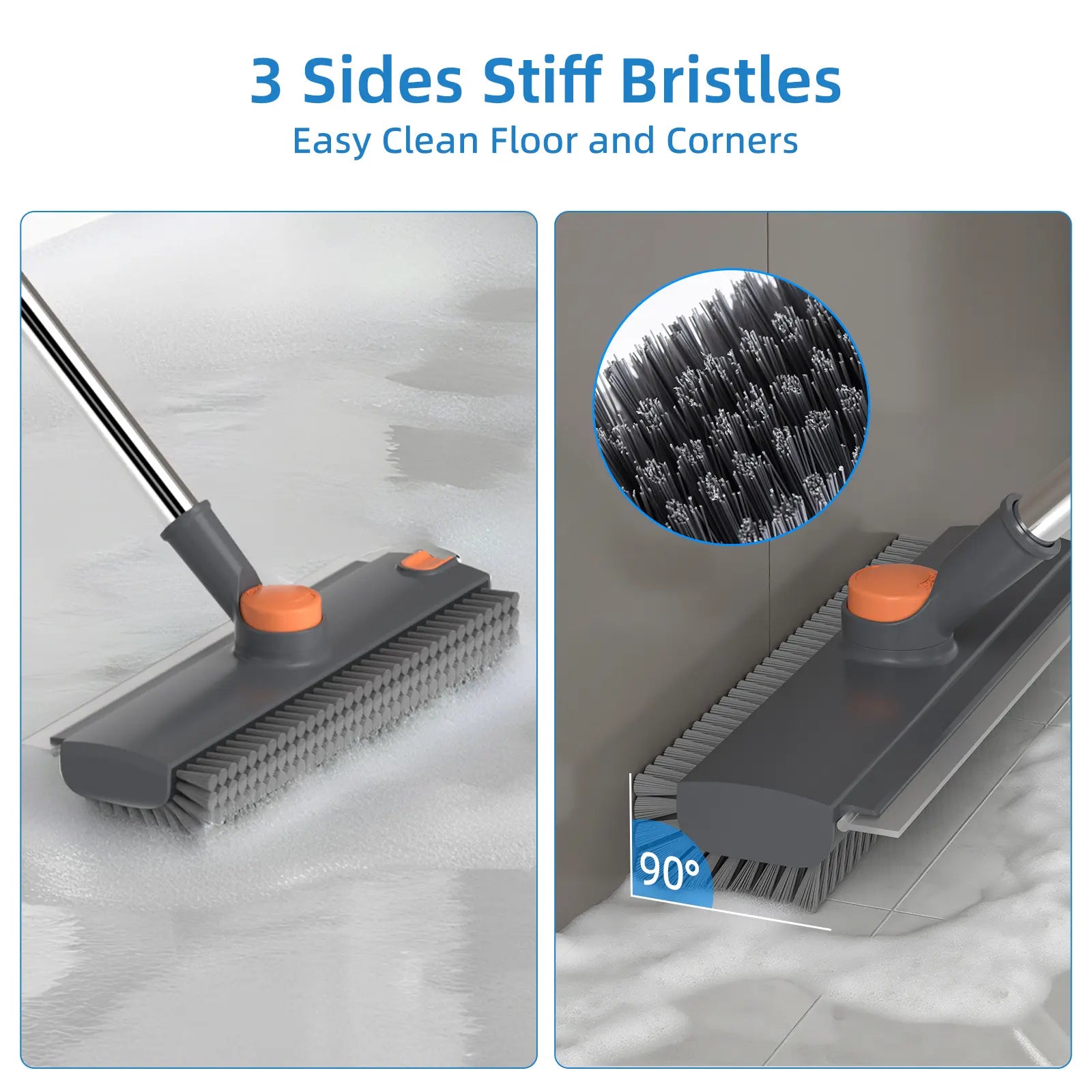 GLUMZRK 3-In-1 Floor Scrub Brush with Long Handle, Adjustable Silicone Squeegee & Stiff Bristle, 360° Rotating Head for Deep Cleaning, Versatile for Shower, Bathroom, Patio, Garage, Kitchen, Wall, Deck