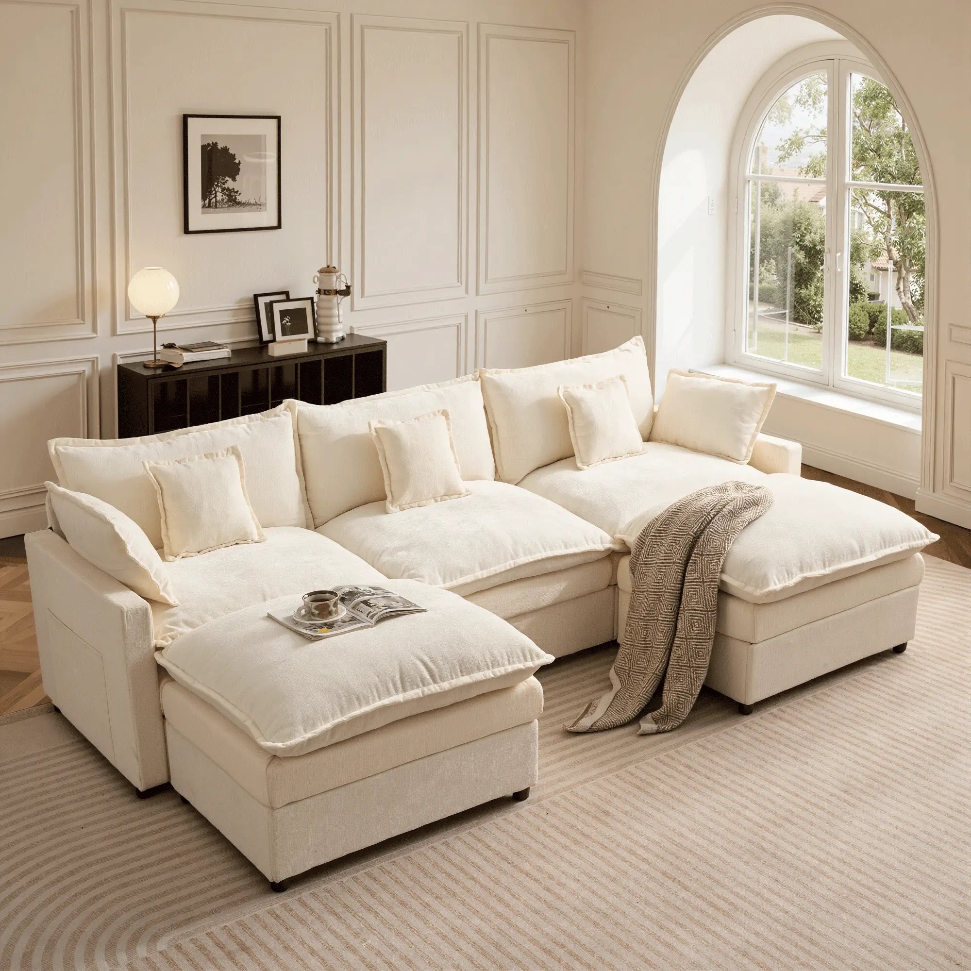 【On Backorder Ships by End of May】Ovios 108" U-Shaped Modern Sofa Modular Sectional Cloud Couch with 2 Ottoman, Comfy Chenille Deep Seat Sofa Bed with 5 Pillows for Living Room, Bedroom and Apartment, 5-Seater