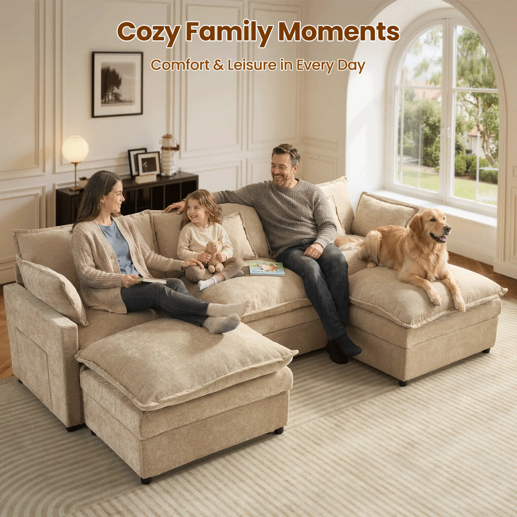 【On Backorder Ships by End of May】Ovios 108" U-Shaped Modern Sofa Modular Sectional Cloud Couch with 2 Ottoman, Comfy Chenille Deep Seat Sofa Bed with 5 Pillows for Living Room, Bedroom and Apartment, 5-Seater