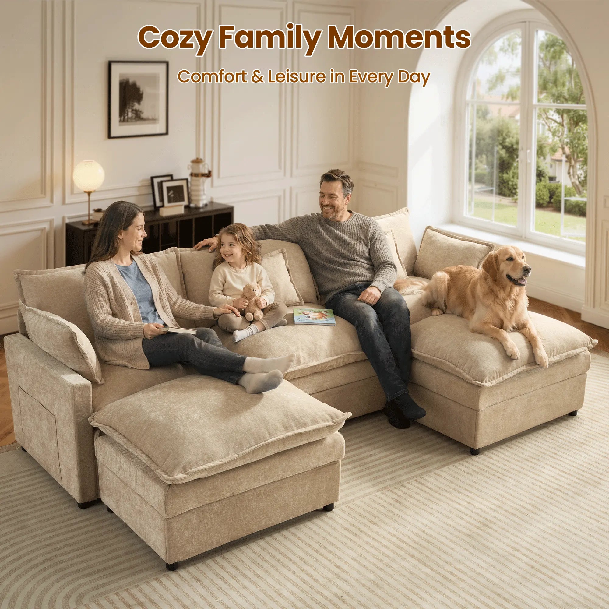 【On Backorder Ships by End of May】Ovios 108" U-Shaped Modern Sofa Modular Sectional Cloud Couch with 2 Ottoman, Comfy Chenille Deep Seat Sofa Bed with 5 Pillows for Living Room, Bedroom and Apartment, 5-Seater