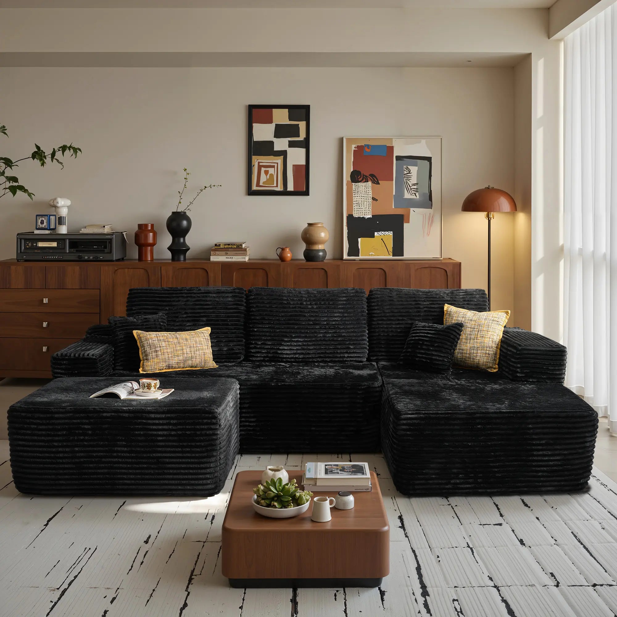 【On Backorder Ships by End of May】Ovios 108" U-Shaped Modern Sofa Modular Sectional Cloud Couch with 2 Ottoman, Comfy Chenille Deep Seat Sofa Bed with 5 Pillows for Living Room, Bedroom and Apartment, 5-Seater