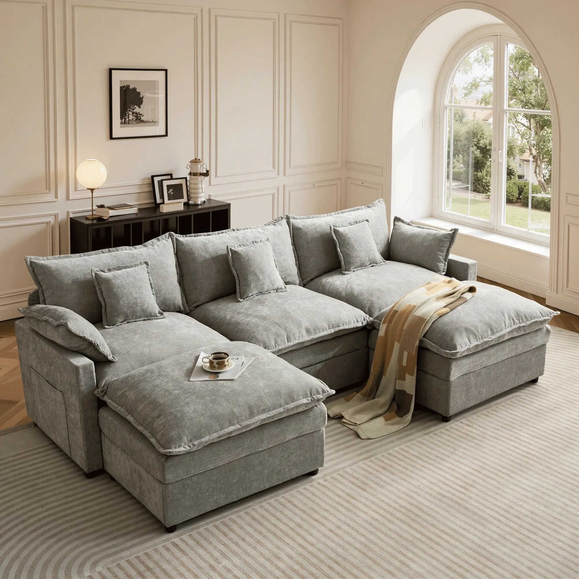 【On Backorder Ships by End of May】Ovios 108" U-Shaped Modern Sofa Modular Sectional Cloud Couch with 2 Ottoman, Comfy Chenille Deep Seat Sofa Bed with 5 Pillows for Living Room, Bedroom and Apartment, 5-Seater