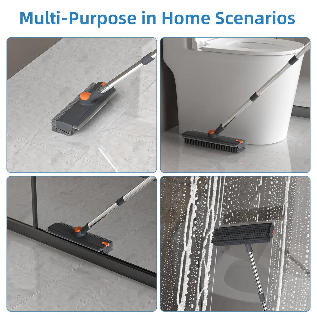 GLUMZRK 3-In-1 Floor Scrub Brush with Long Handle, Adjustable Silicone Squeegee & Stiff Bristle, 360° Rotating Head for Deep Cleaning, Versatile for Shower, Bathroom, Patio, Garage, Kitchen, Wall, Deck