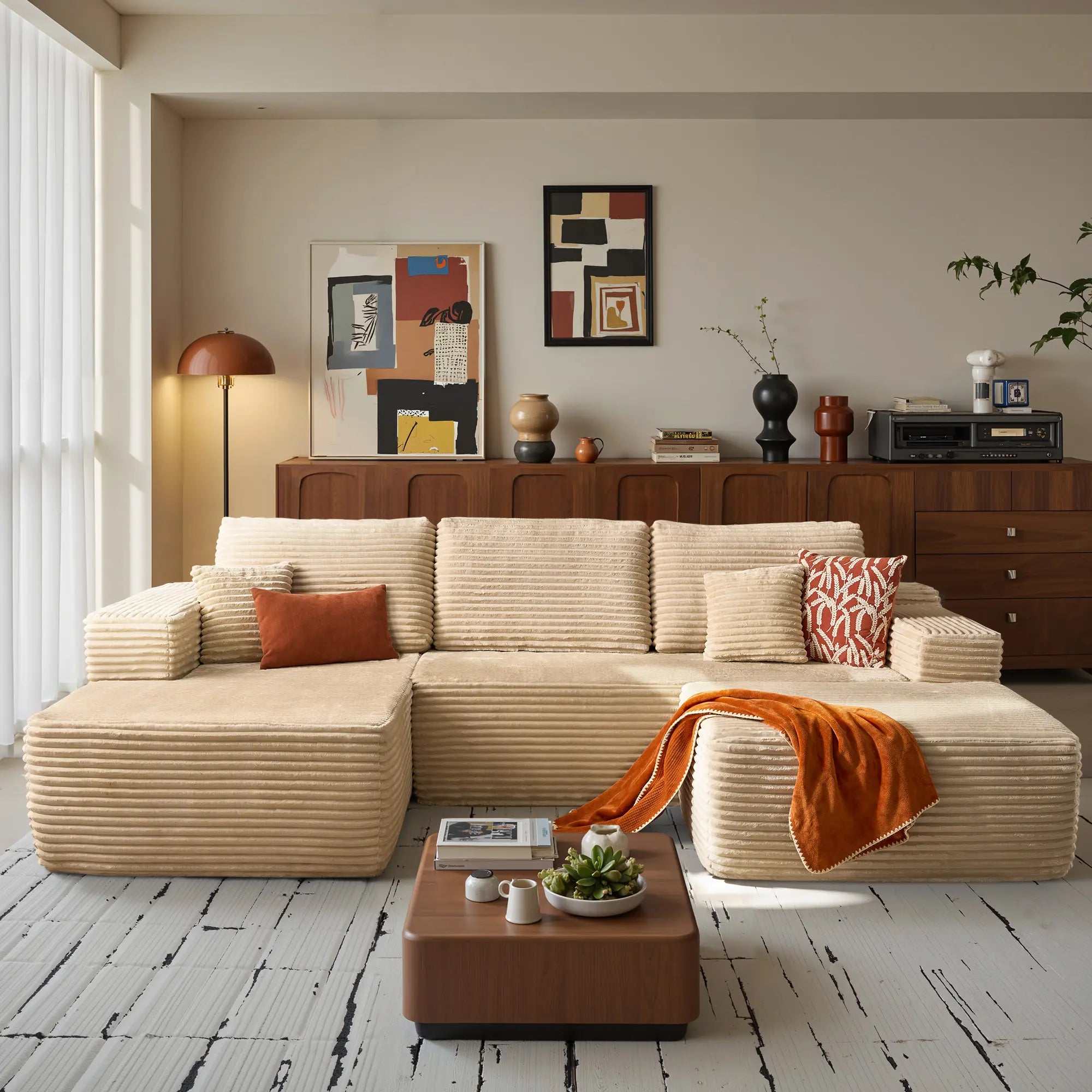 【On Backorder Ships by End of May】Ovios 108" U-Shaped Modern Sofa Modular Sectional Cloud Couch with 2 Ottoman, Comfy Chenille Deep Seat Sofa Bed with 5 Pillows for Living Room, Bedroom and Apartment, 5-Seater