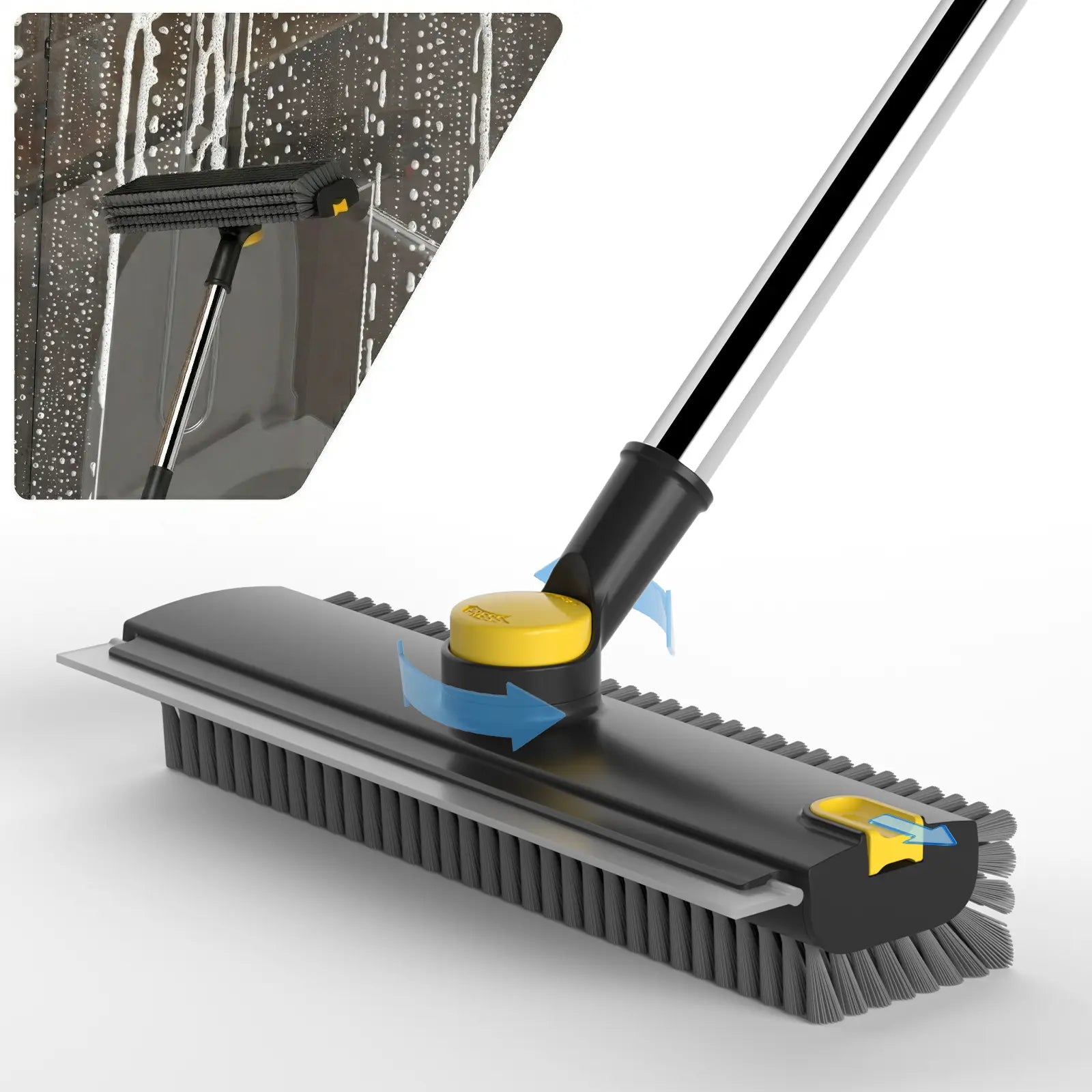 GLUMZRK 3-In-1 Floor Scrub Brush with Long Handle, Adjustable Silicone Squeegee & Stiff Bristle, 360° Rotating Head for Deep Cleaning, Versatile for Shower, Bathroom, Patio, Garage, Kitchen, Wall, Deck
