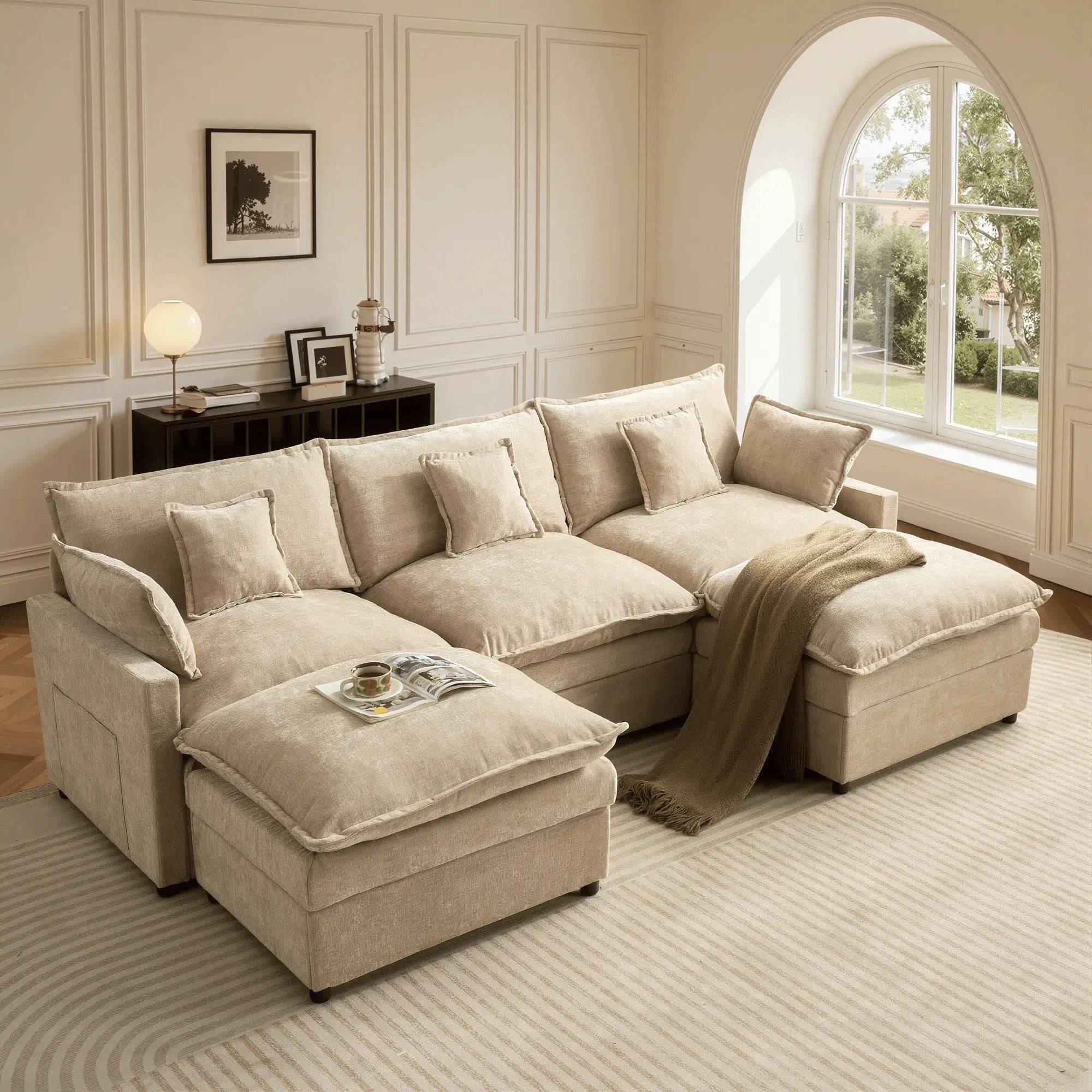 【On Backorder Ships by End of May】Ovios 108" U-Shaped Modern Sofa Modular Sectional Cloud Couch with 2 Ottoman, Comfy Chenille Deep Seat Sofa Bed with 5 Pillows for Living Room, Bedroom and Apartment, 5-Seater