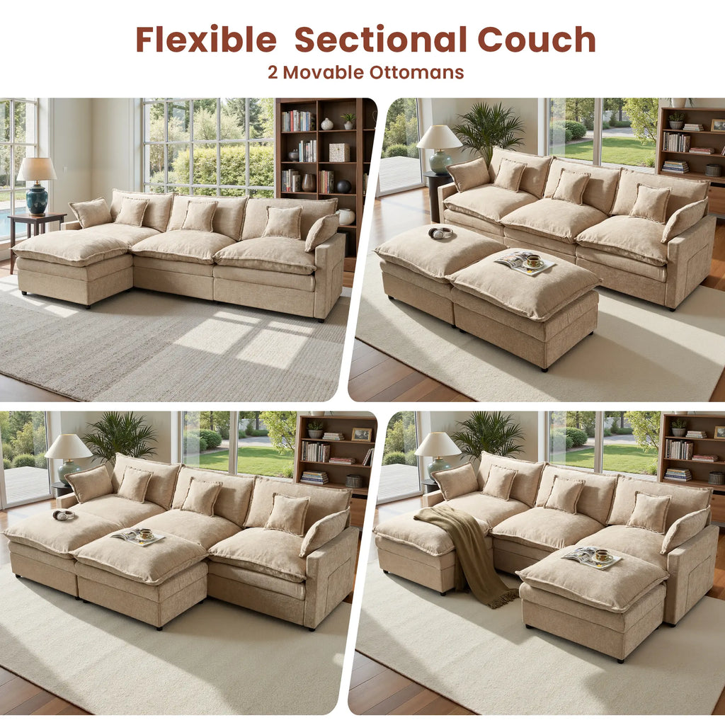 【On Backorder Ships by End of May】Ovios 108" U-Shaped Modern Sofa Modular Sectional Cloud Couch with 2 Ottoman, Comfy Chenille Deep Seat Sofa Bed with 5 Pillows for Living Room, Bedroom and Apartment, 5-Seater