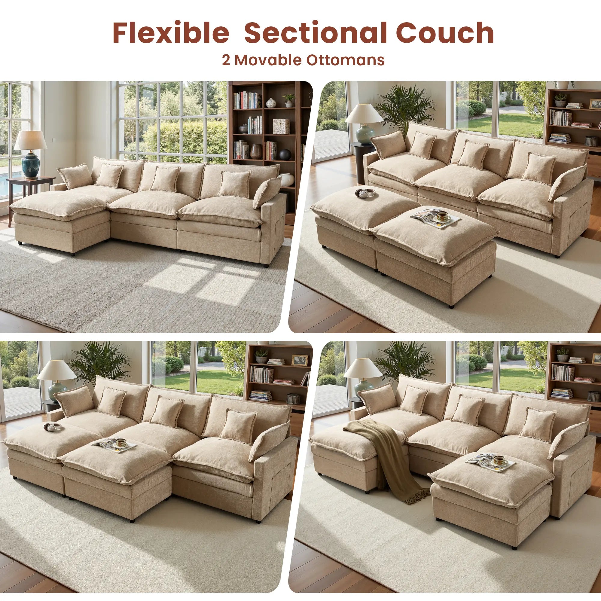 【On Backorder Ships by End of May】Ovios 108" U-Shaped Modern Sofa Modular Sectional Cloud Couch with 2 Ottoman, Comfy Chenille Deep Seat Sofa Bed with 5 Pillows for Living Room, Bedroom and Apartment, 5-Seater