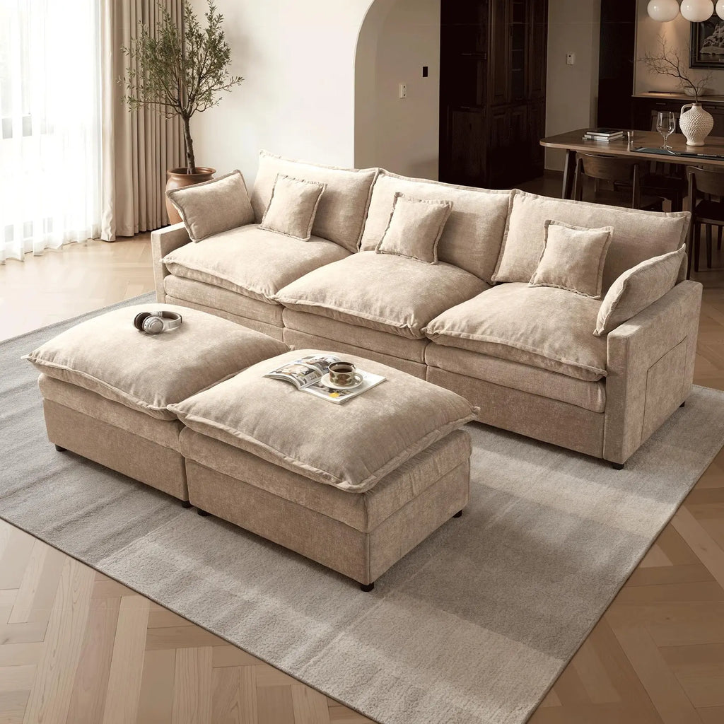 【On Backorder Ships by End of May】Ovios 108" U-Shaped Modern Sofa Modular Sectional Cloud Couch with 2 Ottoman, Comfy Chenille Deep Seat Sofa Bed with 5 Pillows for Living Room, Bedroom and Apartment, 5-Seater
