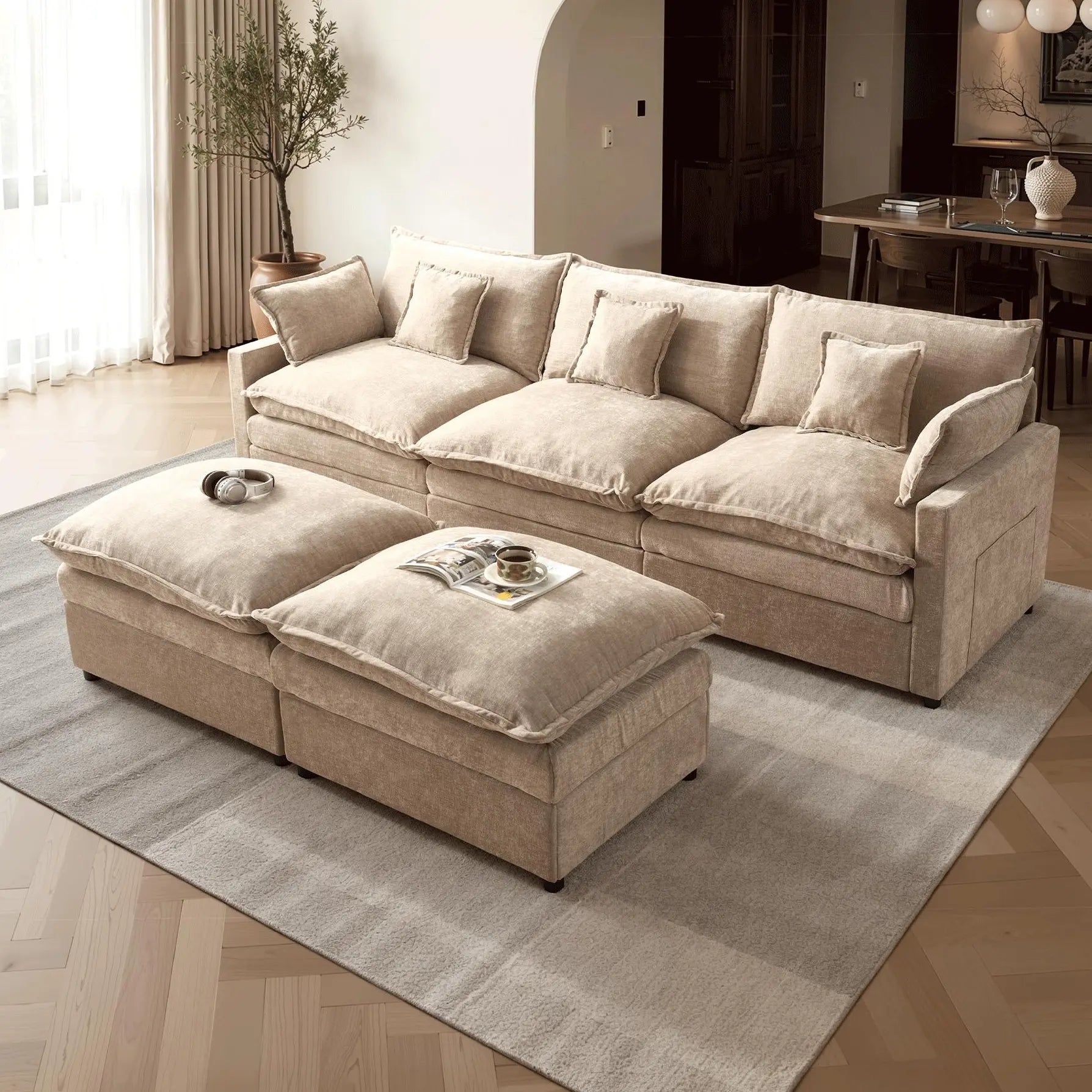 【On Backorder Ships by End of May】Ovios 108" U-Shaped Modern Sofa Modular Sectional Cloud Couch with 2 Ottoman, Comfy Chenille Deep Seat Sofa Bed with 5 Pillows for Living Room, Bedroom and Apartment, 5-Seater