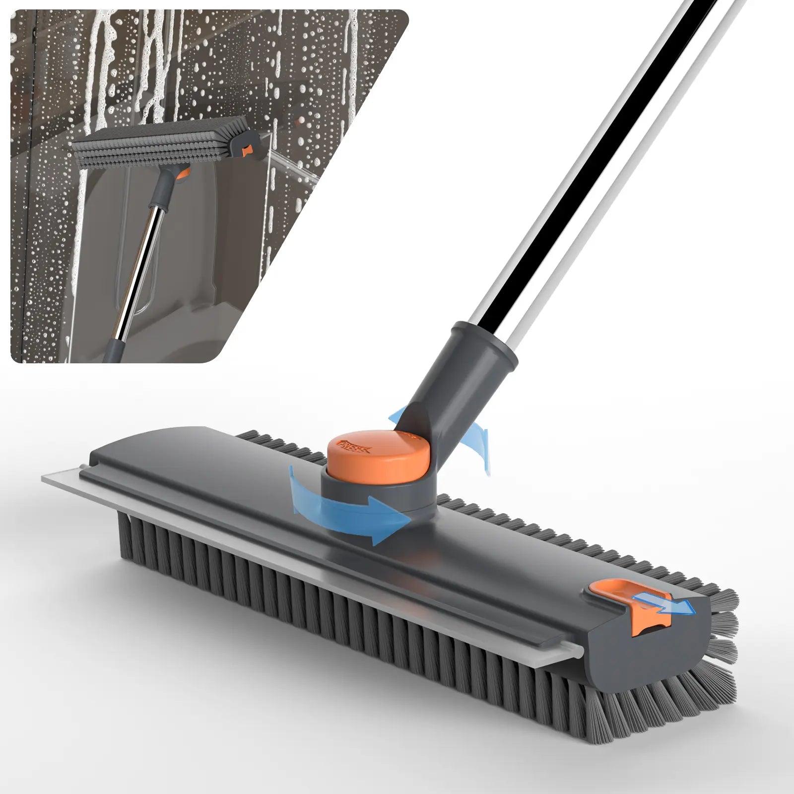 GLUMZRK 3-In-1 Floor Scrub Brush with Long Handle, Adjustable Silicone Squeegee & Stiff Bristle, 360° Rotating Head for Deep Cleaning, Versatile for Shower, Bathroom, Patio, Garage, Kitchen, Wall, Deck